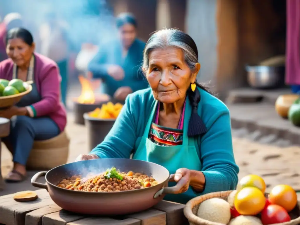 Abuela peruana preparando receta guiso quinua tradicional Perú en mercado colorido