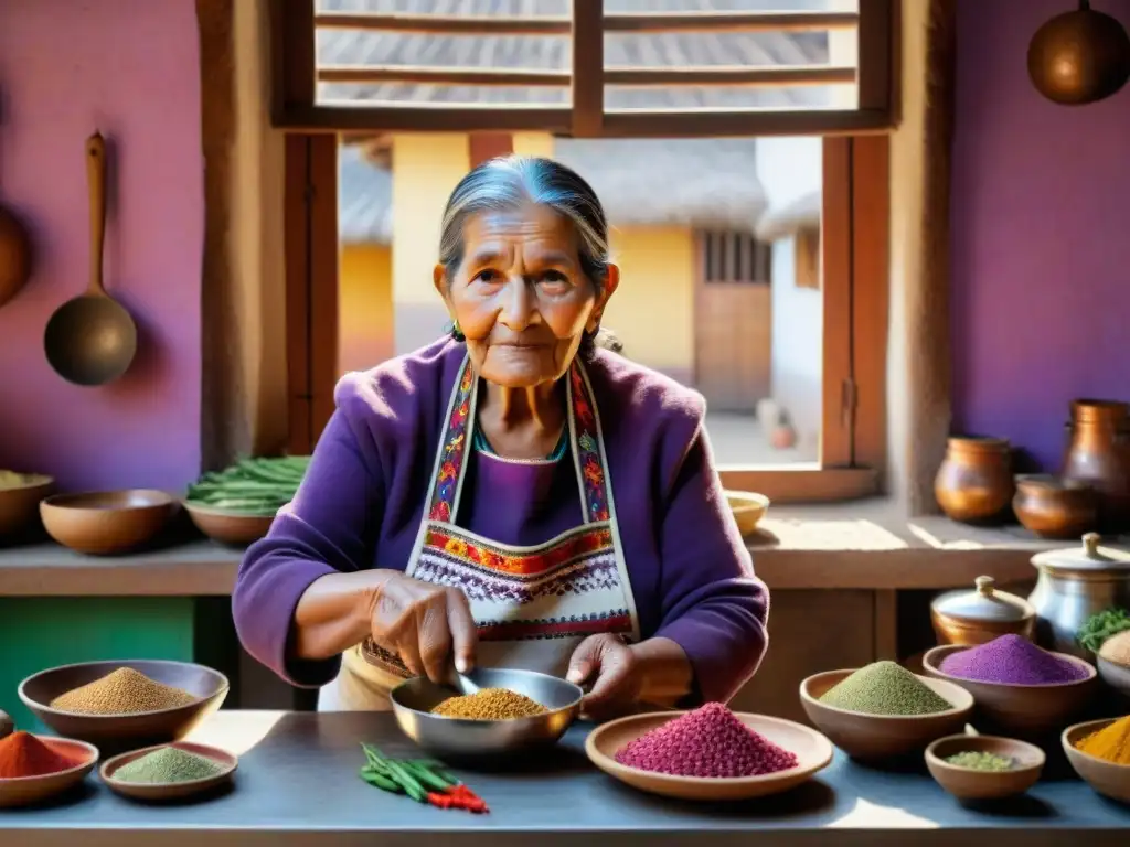 Una abuela peruana tradicional preparando recetas familiares peruanas tradicionales en una cocina rústica