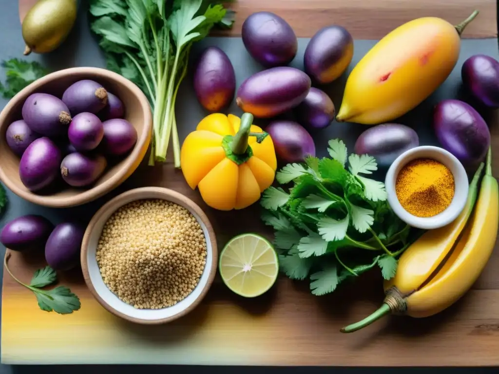 Una abundante muestra de ingredientes autóctonos peruanos en una mesa rústica