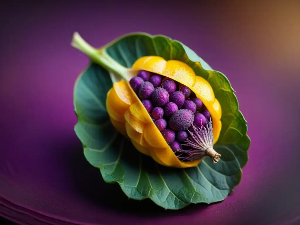 Mashua morada: belleza y sabor en la cocina peruana Un acercamiento detallado de una tubérculo vibrante y morado, resaltando sus patrones y texturas únicas, bajo una luz natural suave