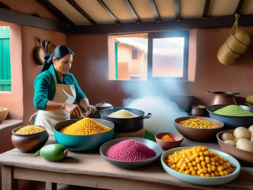 Un acogedor ambiente de cocina peruana tradicional con ingredientes vibrantes y un chef preparando charquicán