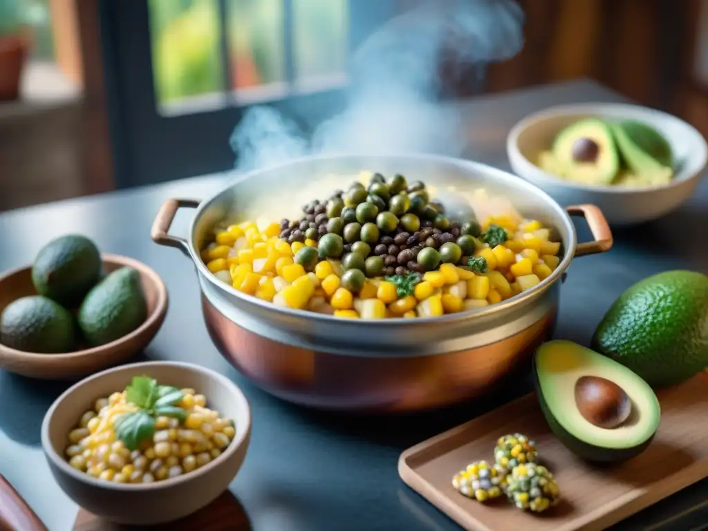 Un acogedor estilismo de comida de Ajiaco de Papas en una cocina rústica