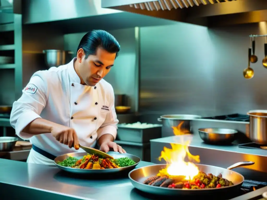 Gastón Acurio en su bulliciosa cocina, liderando equipo diverso con pasión mientras preparan platos peruanos