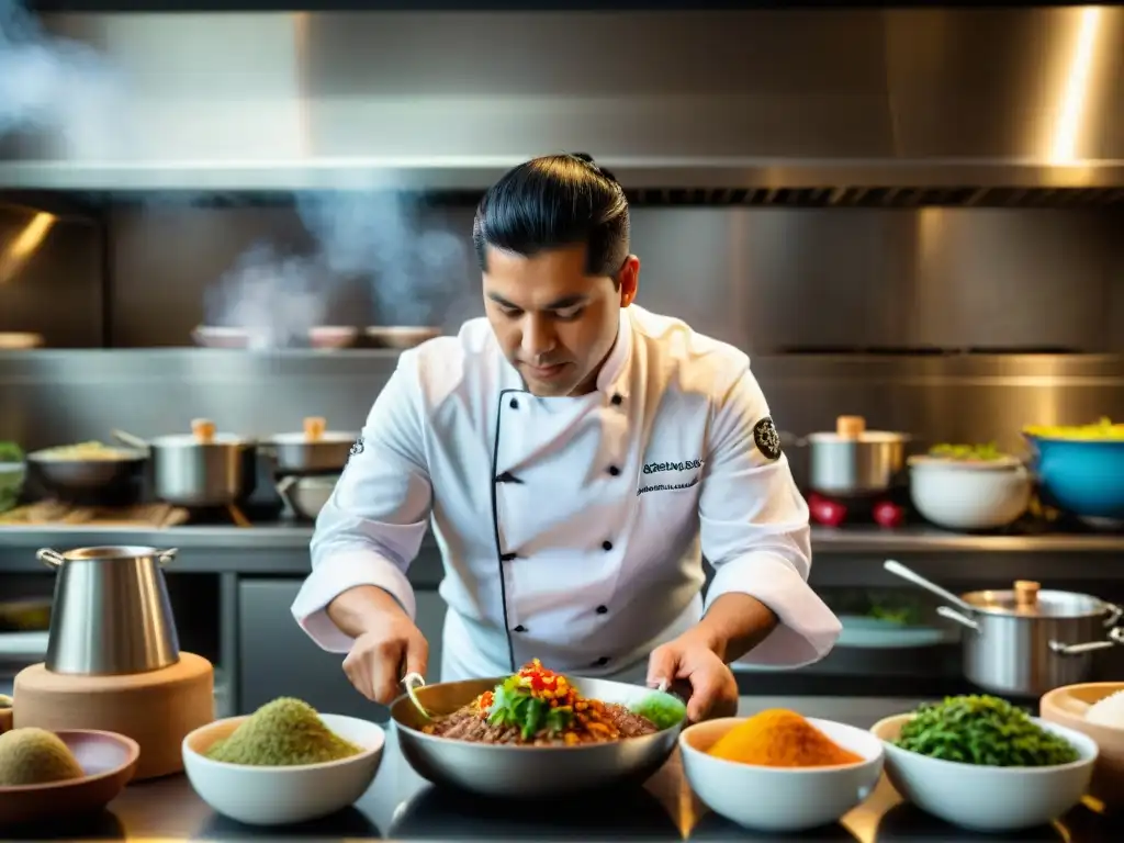 Gastón Acurio en su bulliciosa cocina, fusionando técnicas modernas con ingredientes andinos y amazónicos