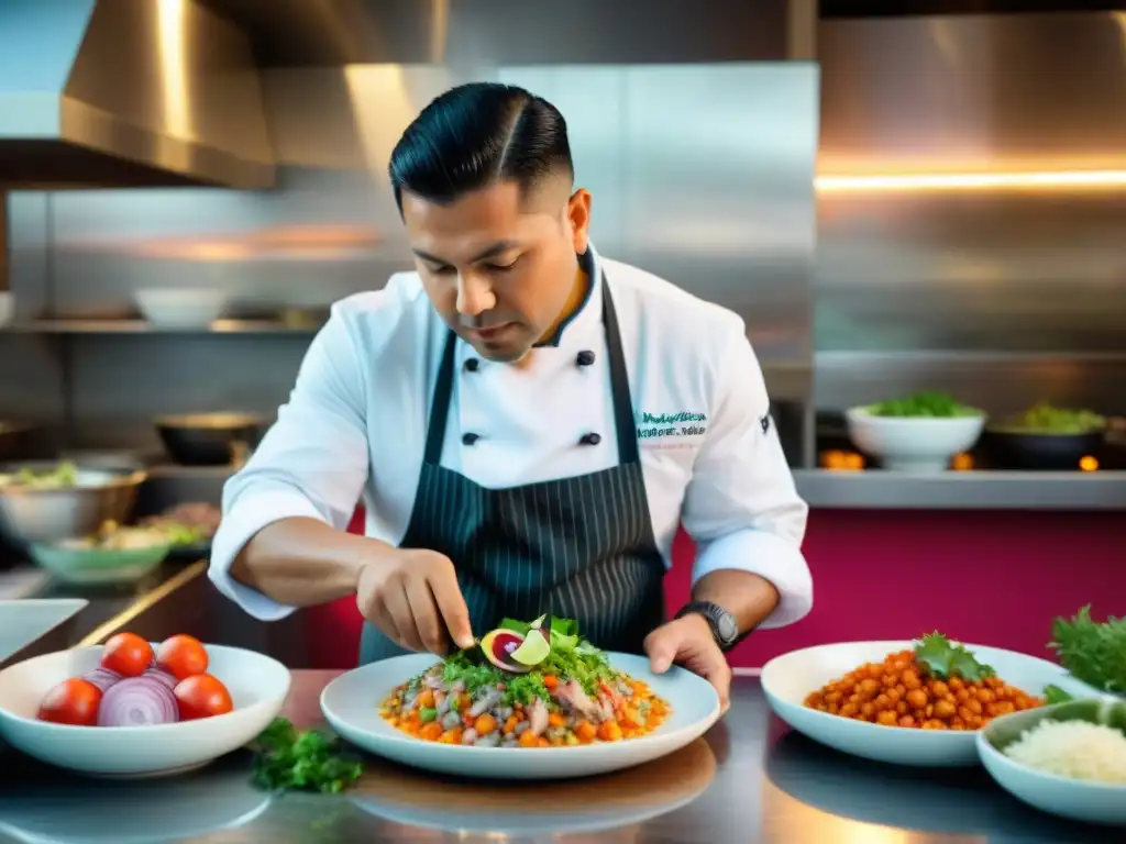 Gastón Acurio preparando cebiche peruano, destacando colores vibrantes y técnicas culinarias en restaurante