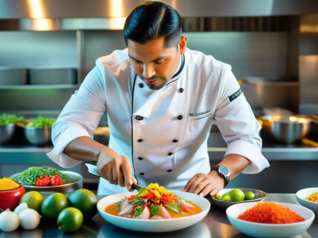 Gastón Acurio prepara cebiche peruano en La Mar, reflejando la fusión de tradición e innovación en su cocina