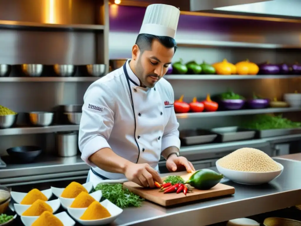 Chef Gastón Acurio preparando ceviche en una cocina llena de ingredientes peruanos autóctonos