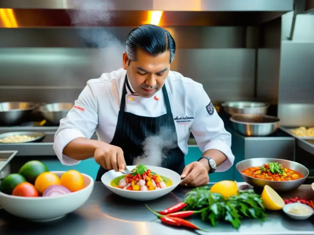 Gastón Acurio preparando ceviche con pasión en una cocina vibrante, reflejando la culinaria de la gastronomía peruana en eventos internacionales