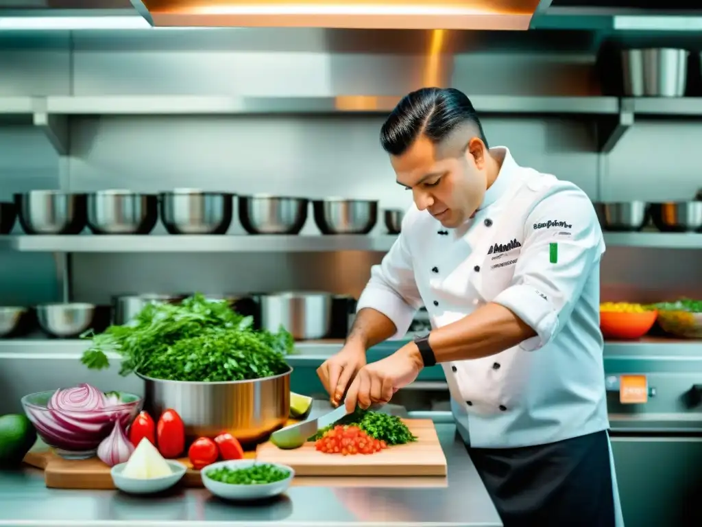 Gastón Acurio preparando ceviche con ingredientes autóctonos en bulliciosa cocina