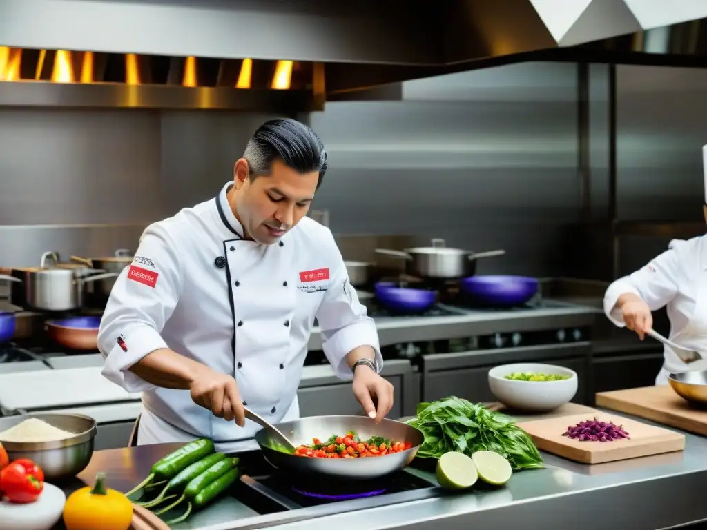 Gastón Acurio en cocina peruana mundial: Chef preparando plato tradicional entre ingredientes vibrantes y equipo laborioso