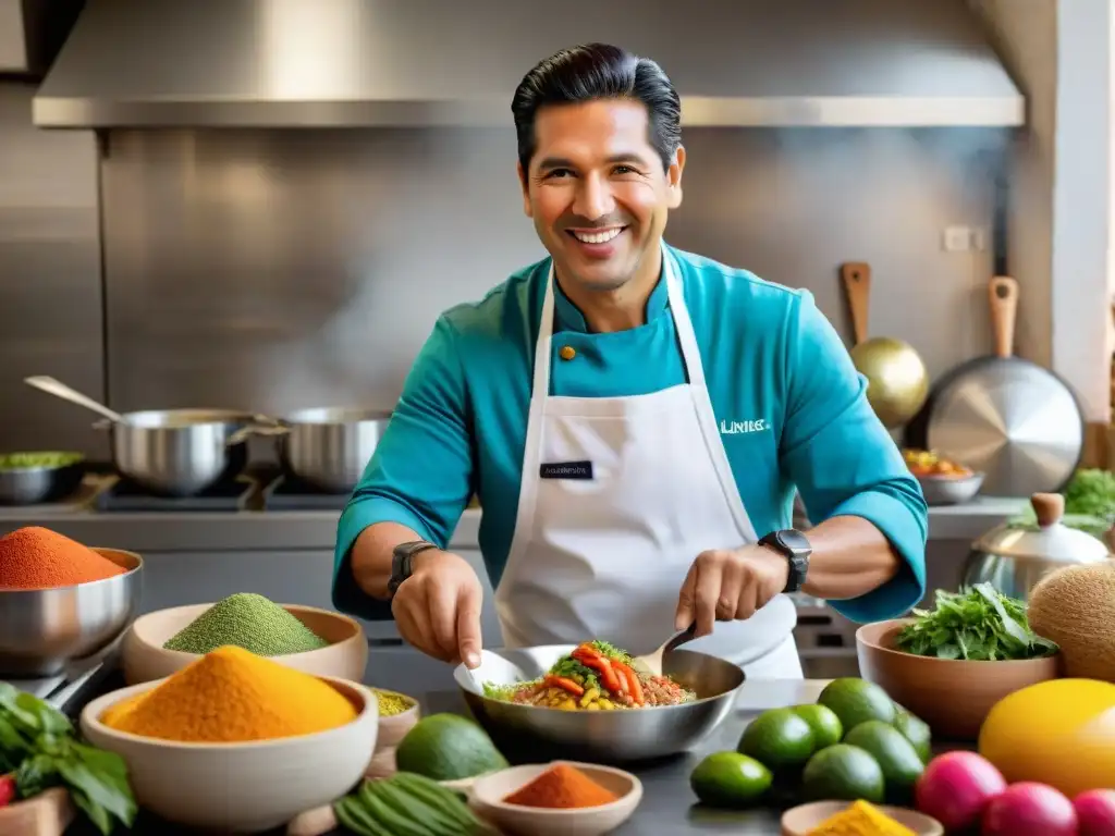 Chef Gastón Acurio liderando apasionadamente su equipo en una bulliciosa cocina peruana, rodeado de ingredientes coloridos y utensilios tradicionales, preparando con destreza un platillo peruano mientras expresa concentración y alegría