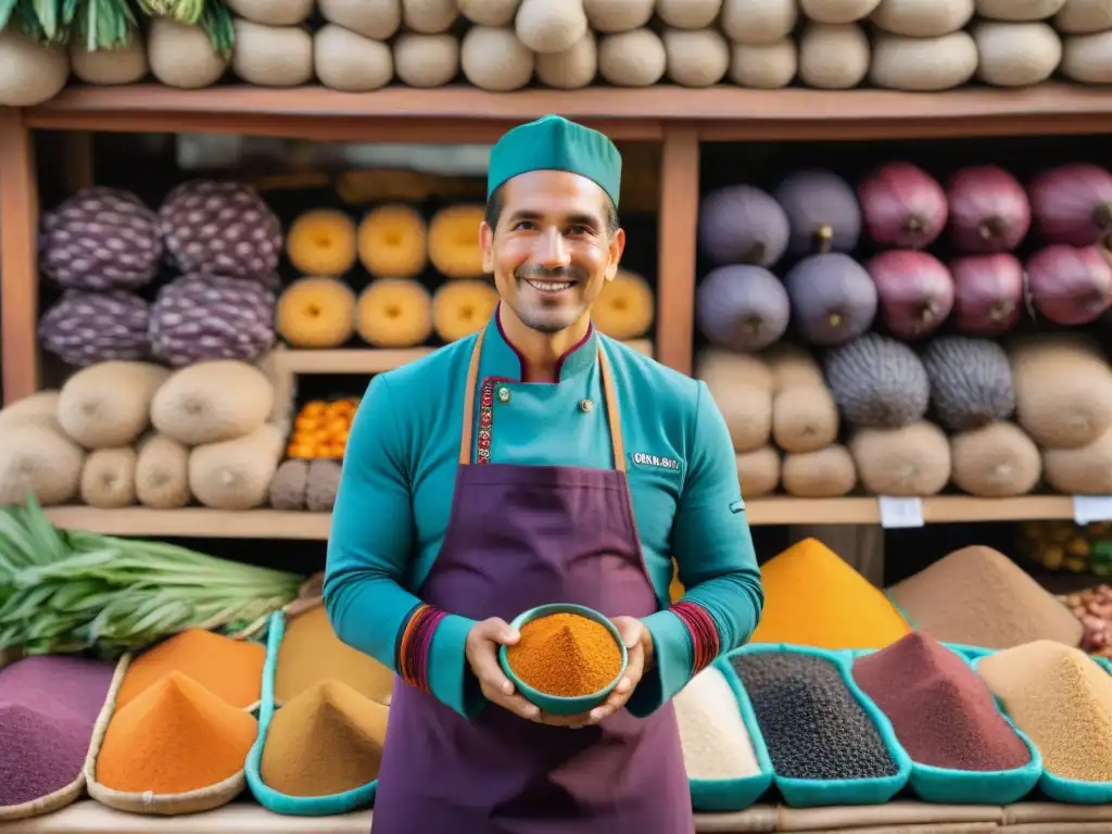 Chef Gastón Acurio en un mercado peruano, rodeado de superalimentos coloridos