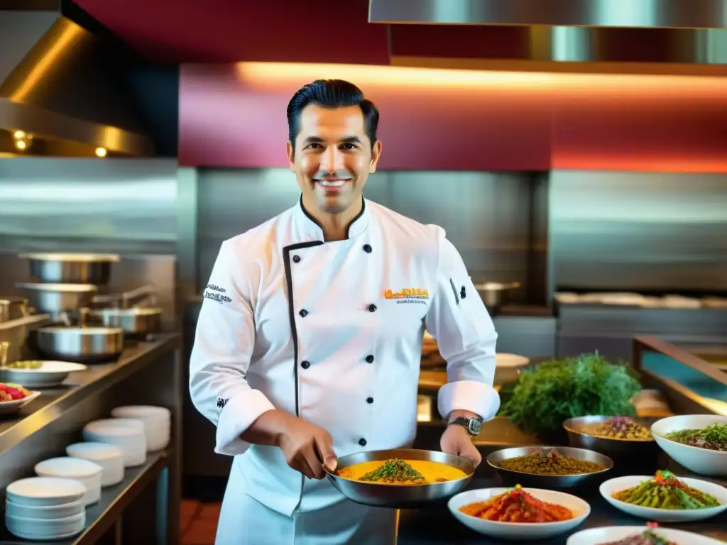 Gastón Acurio dirige con pasión su cocina peruana mundial, rodeado de chefs preparando platos vibrantes