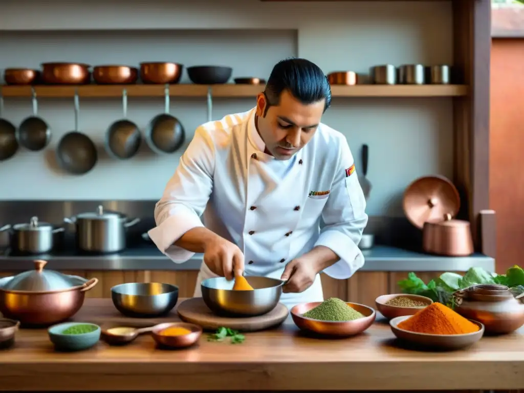 Chef Gastón Acurio reviviendo recetas ancestrales de la gastronomía peruana en una cocina colorida y bulliciosa