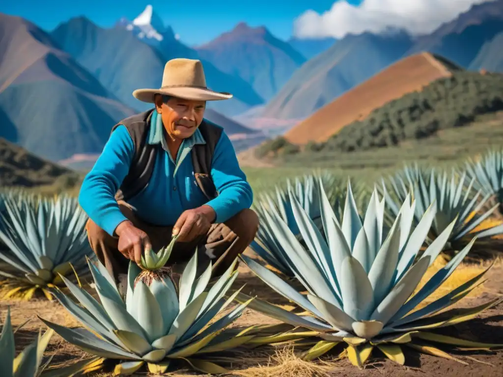 Un agricultor andino cosechando agave para bebidas ancestrales del Perú, bajo el imponente cielo azul de los Andes