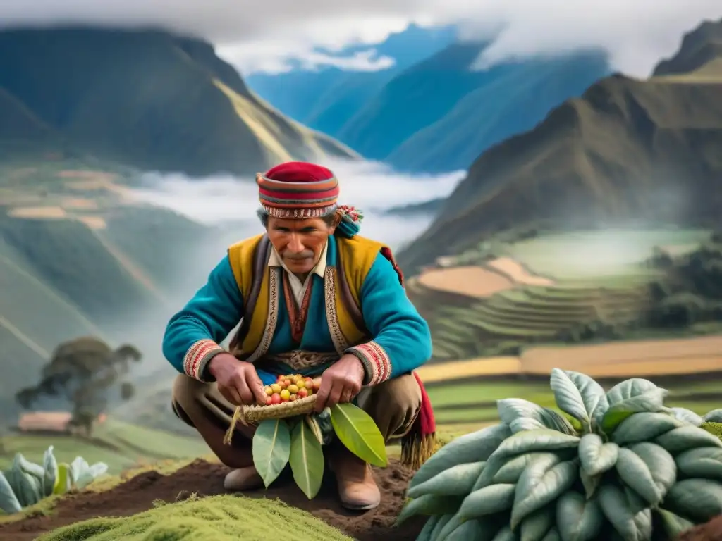 Un agricultor andino cosechando tarwi en los campos de gran altitud