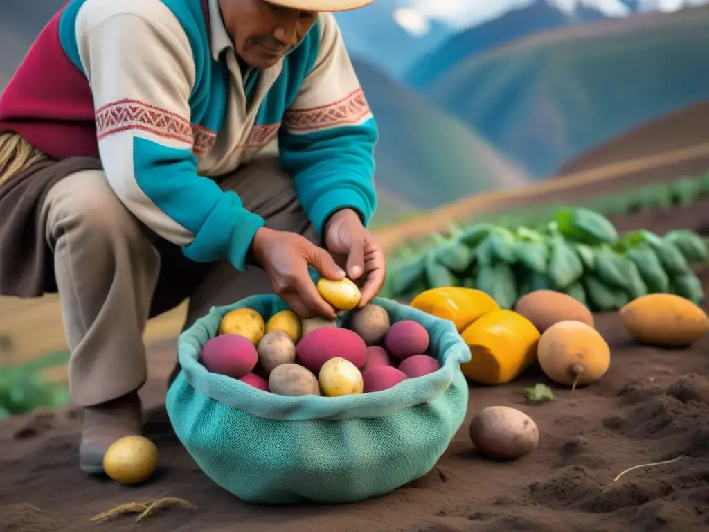 Un agricultor andino sostiene una cesta rebosante de papas andinas, destacando su diversidad y beneficios nutricionales