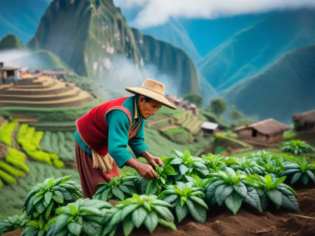 Un agricultor andino cultiva coca en la montaña, resaltando la conexión con su tierra y los Beneficios nutricionales coca cultura Andina