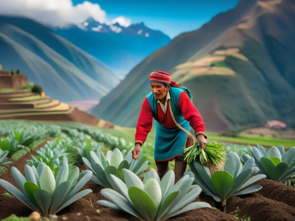 Un agricultor andino cosecha ollucos con beneficios para salud en la majestuosa naturaleza de los Andes