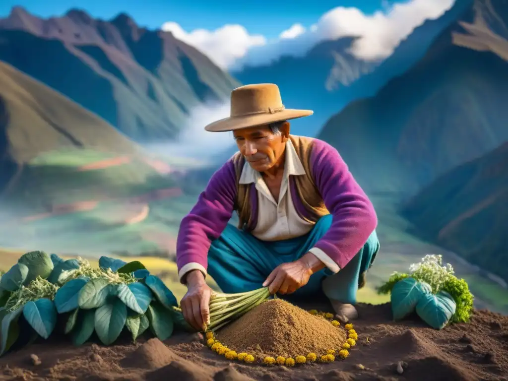 Un agricultor andino cosecha raíces de maca púrpura rodeado de hierbas andinas medicinales culinarios en los majestuosos Andes peruanos