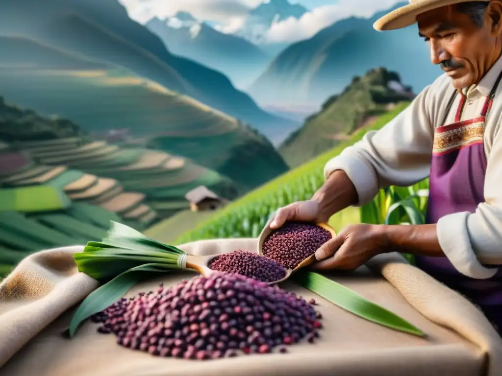 Un agricultor andino selecciona con cuidado hojas de maíz morado para infusiones andinas tradicionales en Perú, con los imponentes Andes de fondo