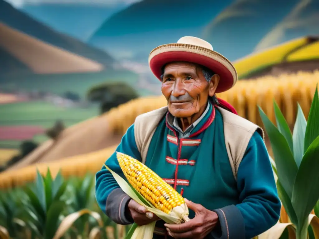 Un agricultor andino sostiene con cuidado una mazorca de maíz andino, destacando la importancia de las variedades nativas de maíz andino