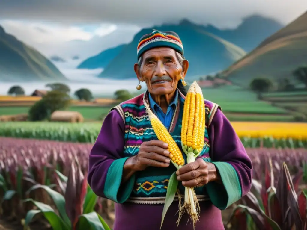 Un agricultor andino cuida con esmero un campo de maíz andino, mostrando la rica herencia de 'Variedades nativas de maíz andino'