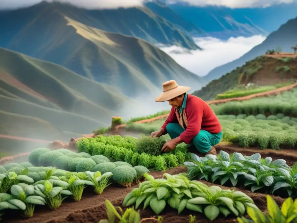 Un agricultor andino cuida con esmero hierbas nativas en terrazas, en armonía con la naturaleza