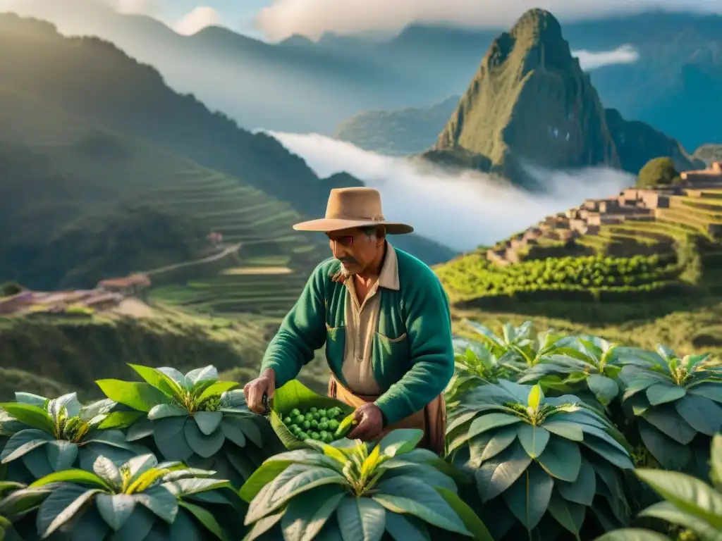 Un agricultor andino cosechando hojas de coca bajo el sol matutino, con montañas neblinosas de fondo y vestimenta tradicional Quechua