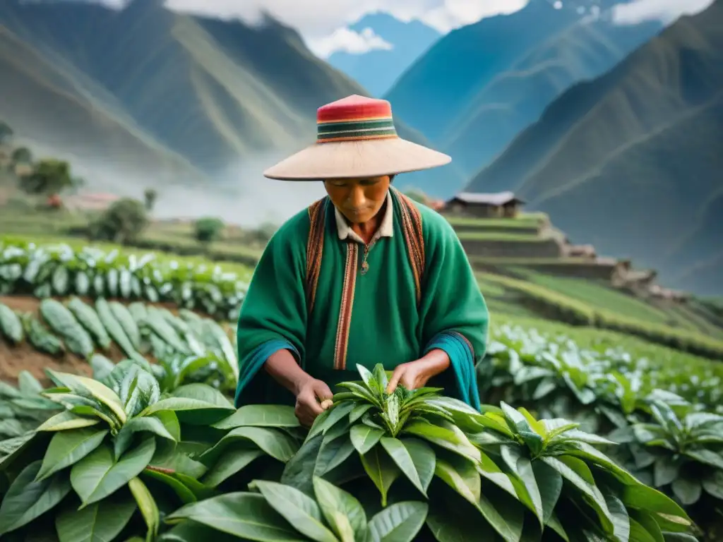 Un agricultor andino cosechando hojas de coca con cuidado, resaltando la cultura y beneficios nutricionales de esta planta sagrada