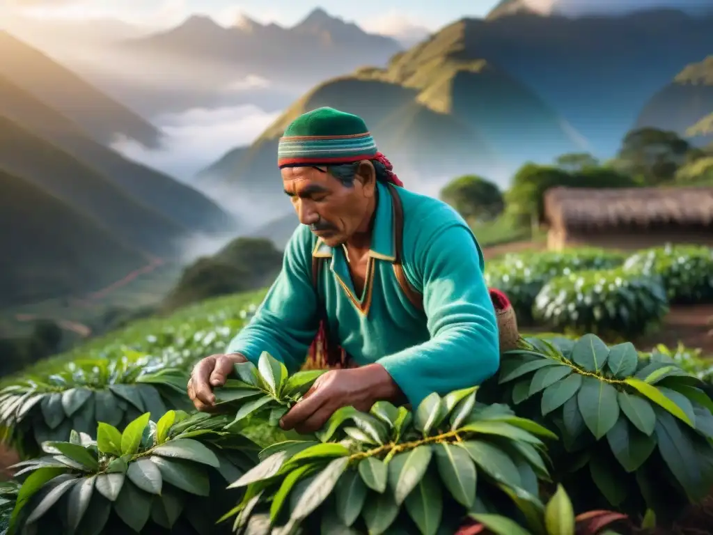 Un agricultor andino selecciona hojas de coca bajo la luz matutina, mostrando los beneficios del mate de coca