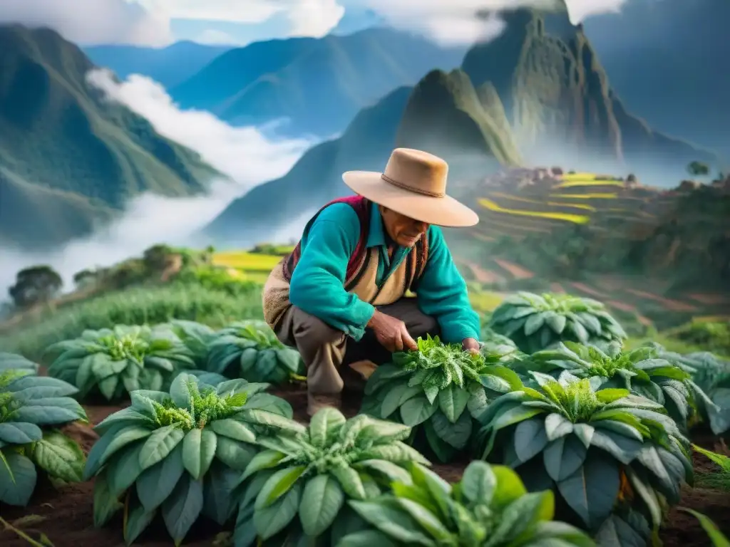 Un agricultor andino cosechando hojas verdes de huacatay en la mañana, rodeado de hierbas andinas medicinales culinarios y montañas imponentes