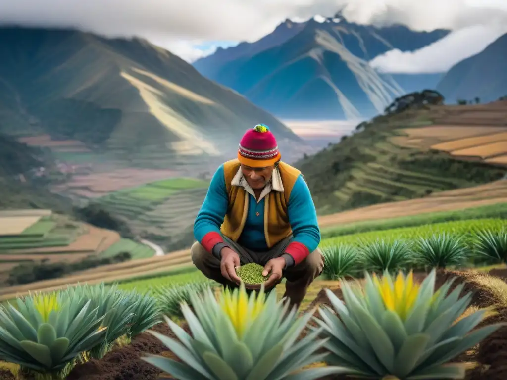 Recolecta ancestral de kiwicha en los Andes Un agricultor andino cosechando kiwicha, con los beneficios de la kiwicha andina en primer plano