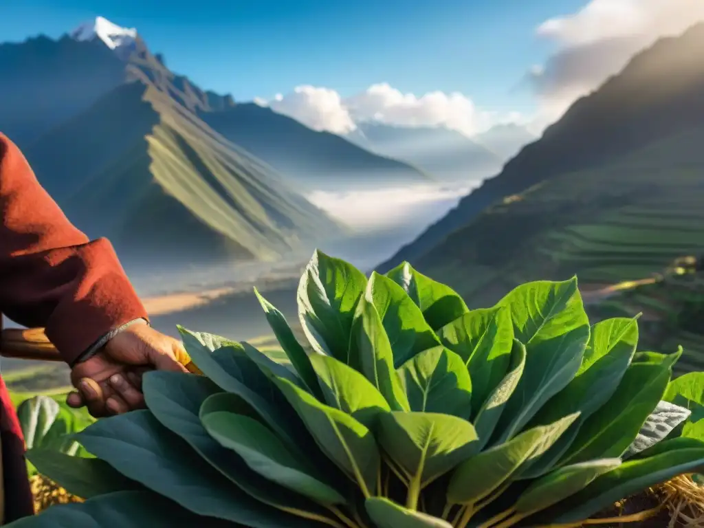 Un agricultor andino cosechando kiwicha bajo el sol, mostrando los beneficios de la kiwicha andina