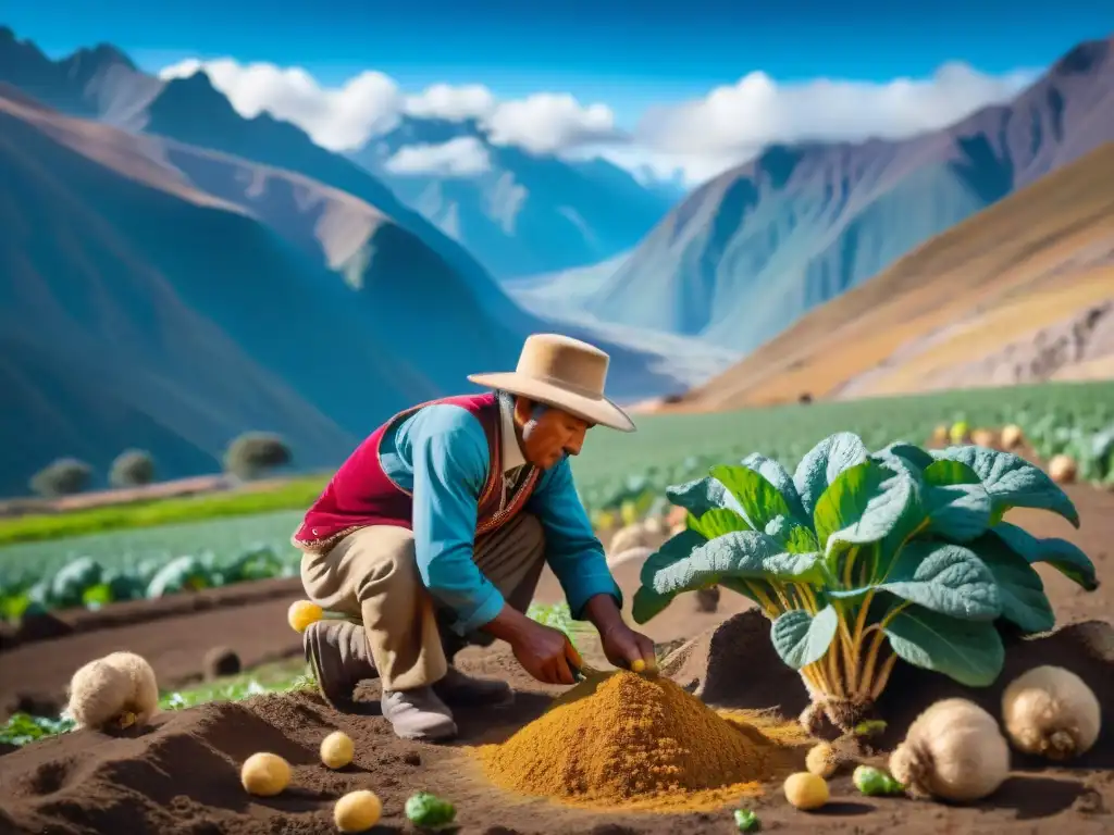 Un agricultor andino cosechando raíz de maca con paisaje montañoso