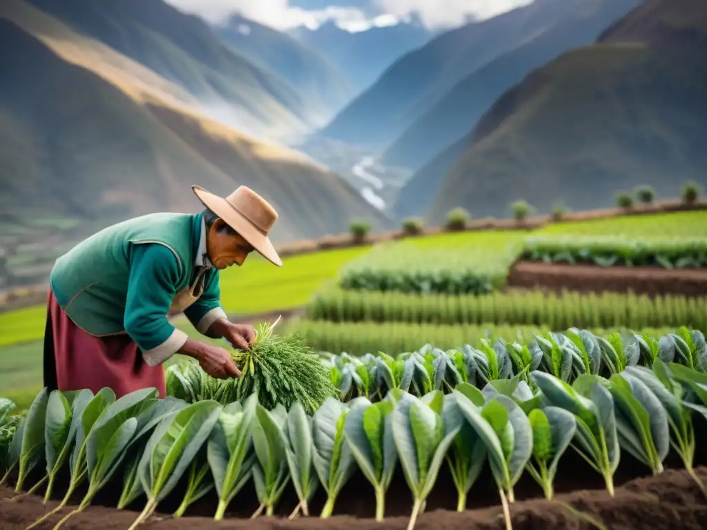 Un agricultor andino cosechando tarwi en la majestuosa cordillera