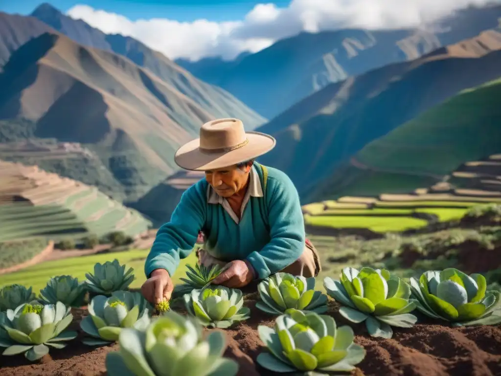 Un agricultor andino recolecta tarwi en los majestuosos Andes