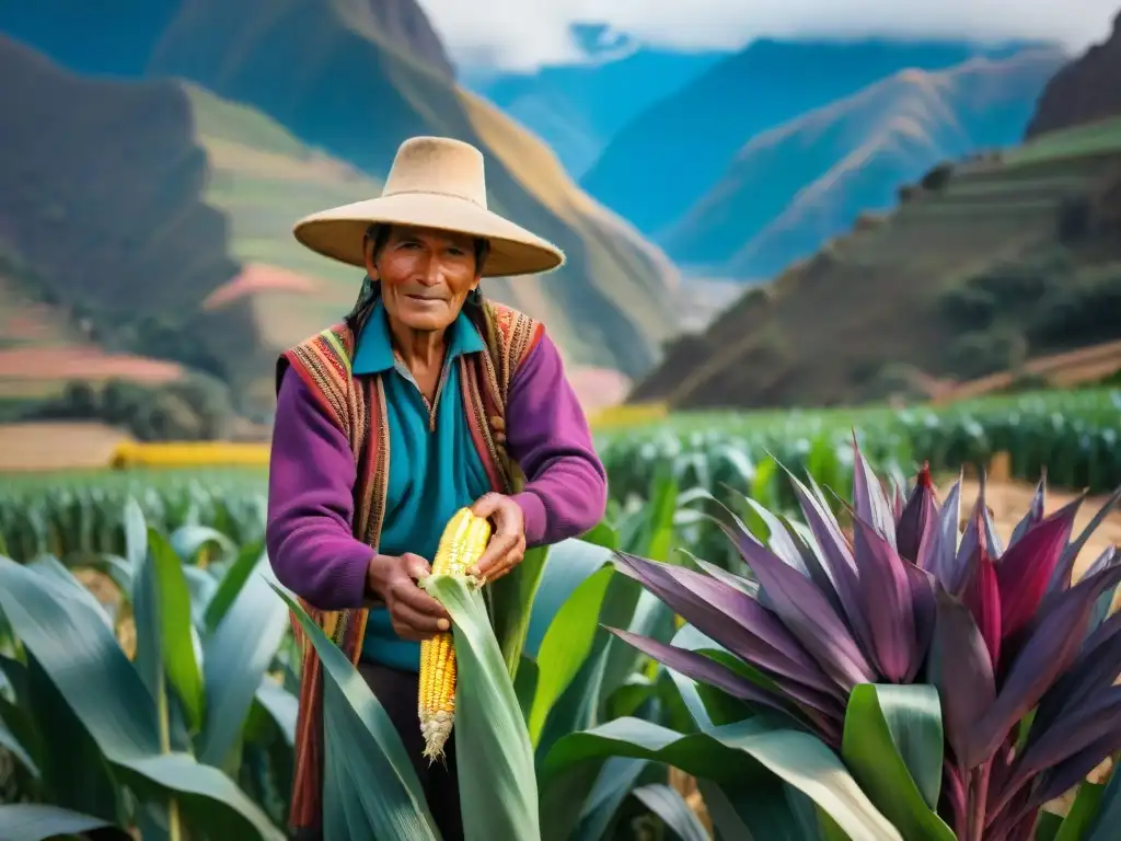 Un agricultor andino cuidadosamente cosechando maíz morado en el Valle Sagrado, Festival Gastronómico Valle Sagrado Maíz