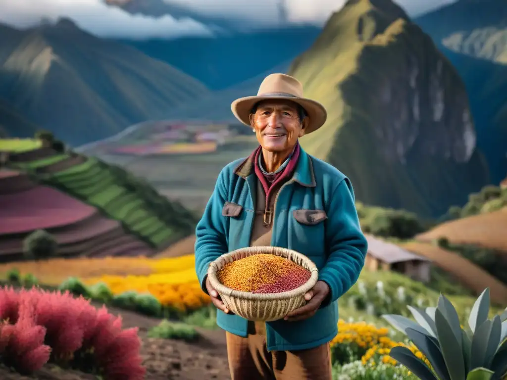 Un agricultor andino sostiene con orgullo una cesta rebosante de quinua, amaranto y kañiwa frente a las imponentes montañas andinas