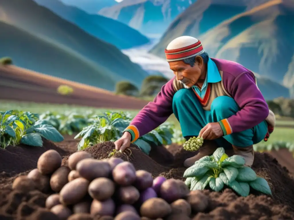 Un agricultor andino cosechando papas Tocosh moradas en los Andes, resaltando la tradición y el uso culinario del tocosh andino