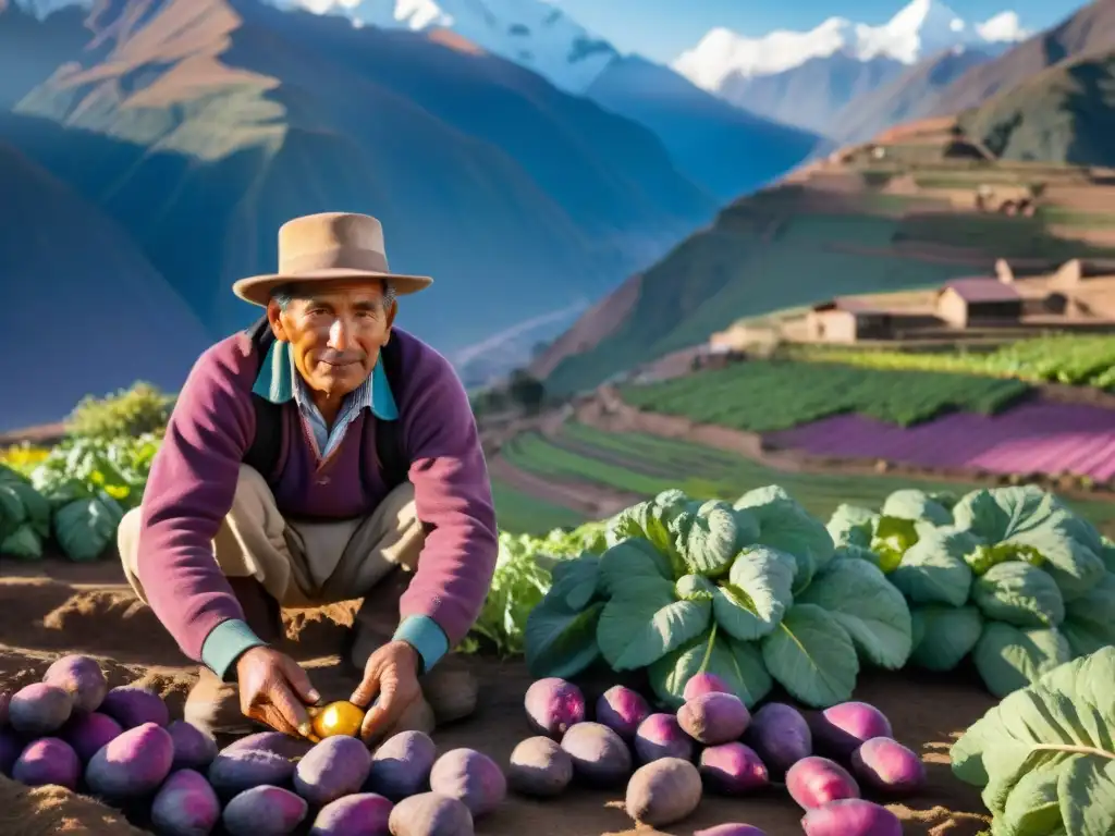 Un agricultor andino selecciona papas moradas en la cosecha, con montañas nevadas al fondo