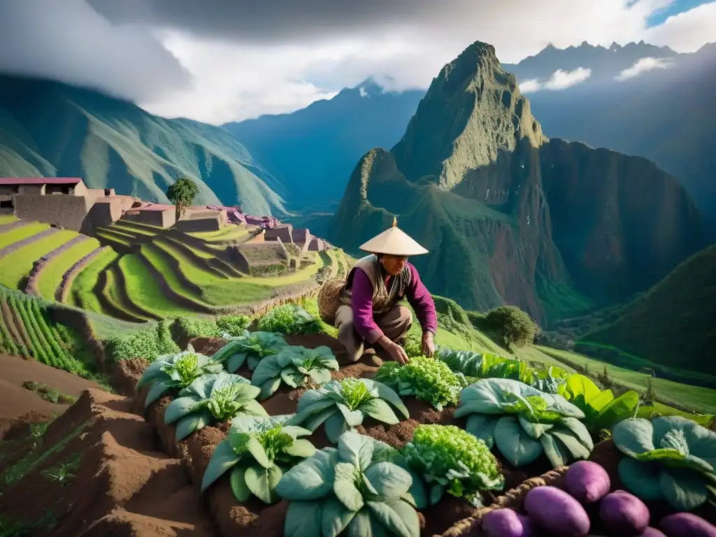 Un agricultor andino planta papas moradas en terrazas, rodeado de cultivos y montañas