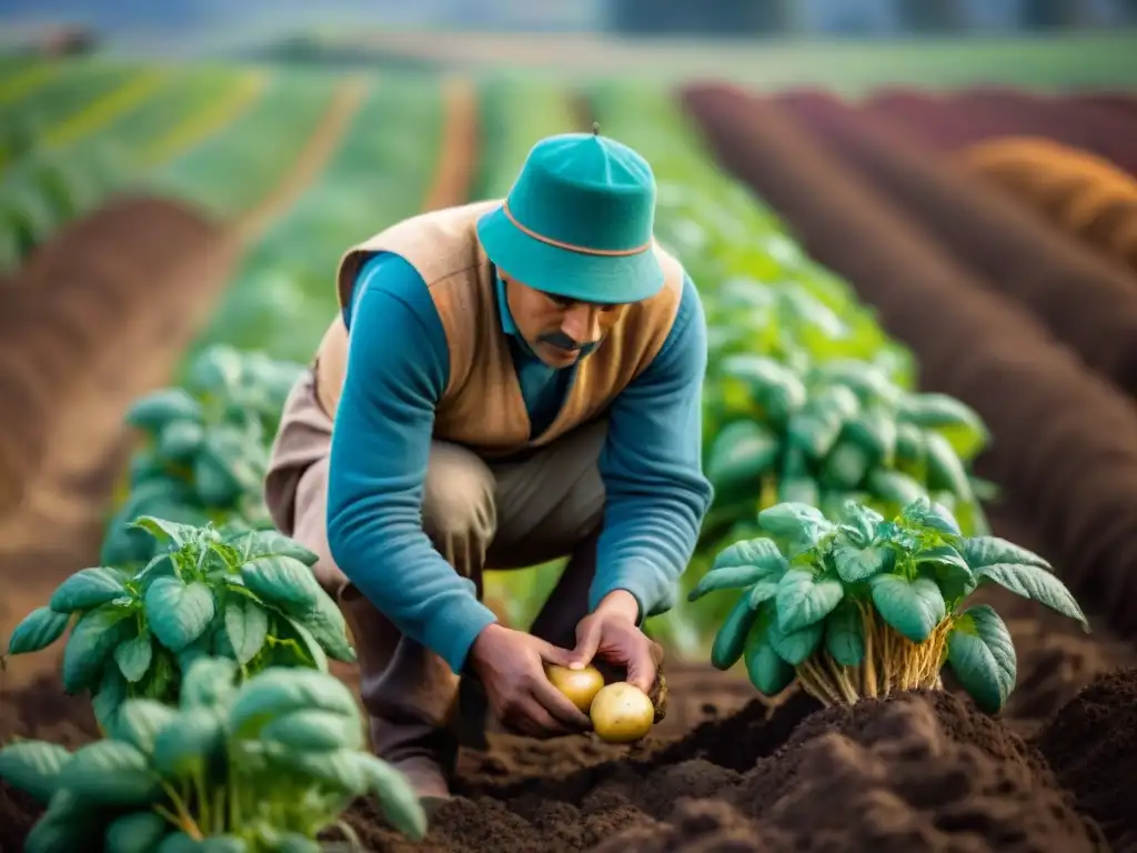 Un agricultor andino selecciona papas nativas en un campo vibrante