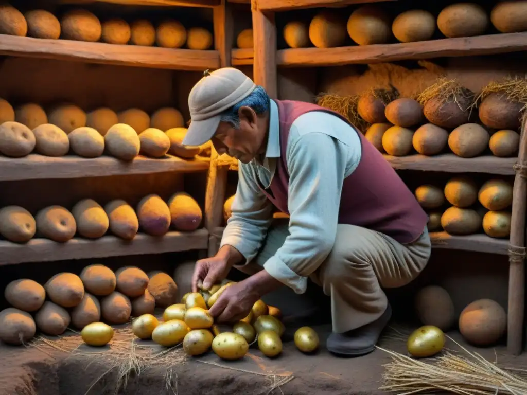 Un agricultor andino conserva innovadoramente papas nativas en una bodega rústica