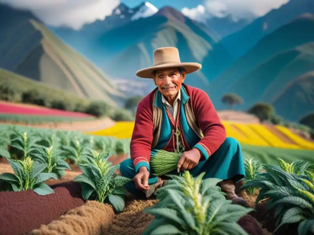 Un agricultor andino planta quinua con destreza ante los imponentes Andes