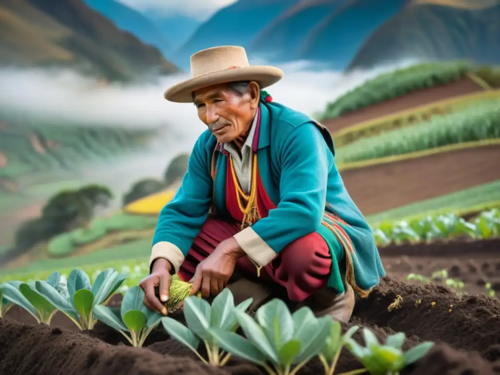 Un agricultor andino planta semillas de Tarwi en la fértil tierra de la montaña