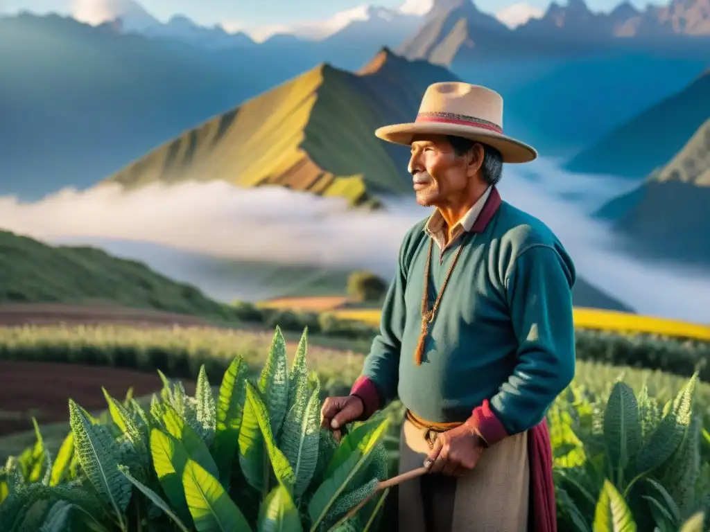 Un agricultor andino cuida de sus plantas de quinua al amanecer, mostrando la conexión con la tierra y la tradición