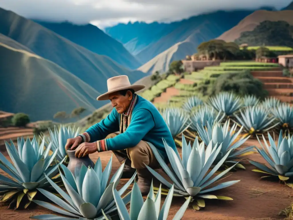 Un agricultor andino extrayendo pulque de una planta de agave, rodeado de un paisaje impresionante