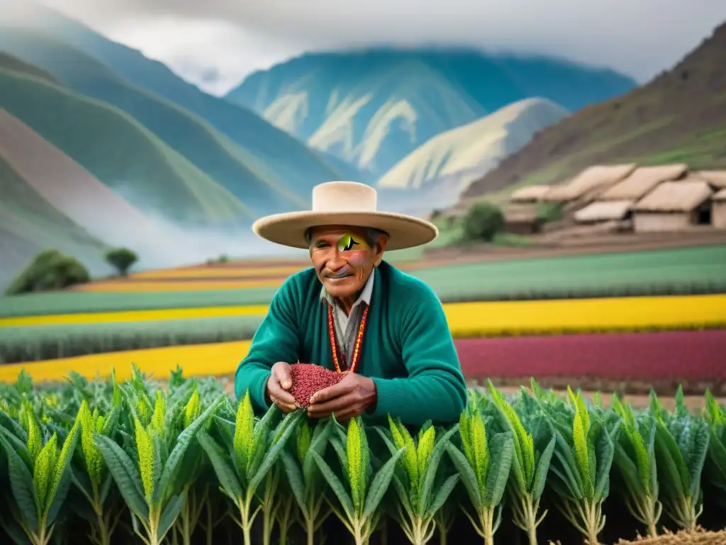 Un agricultor andino en Perú cultiva quinua en armonía con la tierra, vistiendo trajes tradicionales frente a majestuosas montañas nevadas