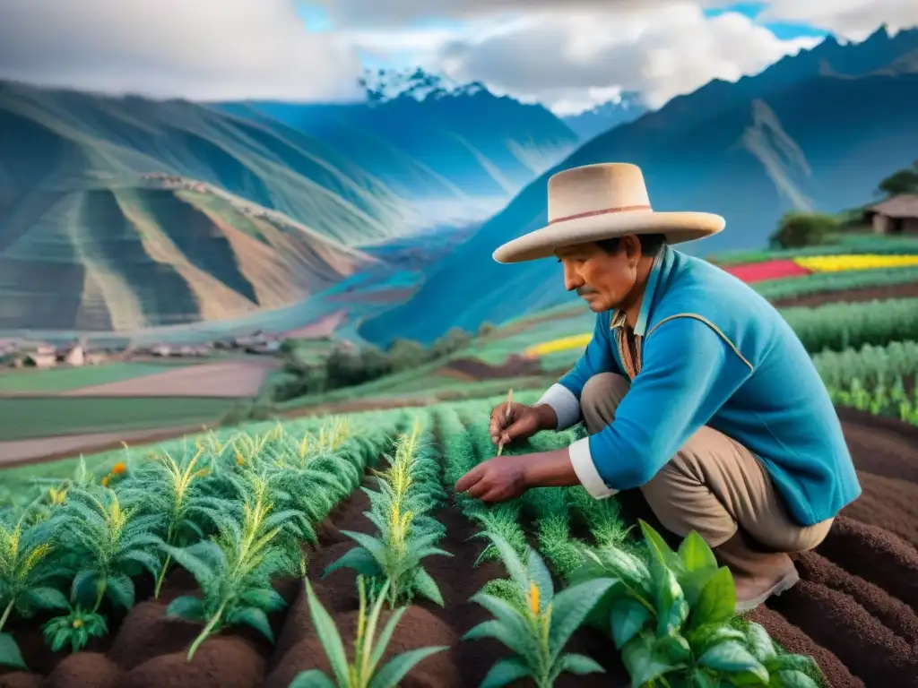 Un agricultor andino siembra quinua colorida en terrazas, rodeado de papas en flor y montañas nevadas